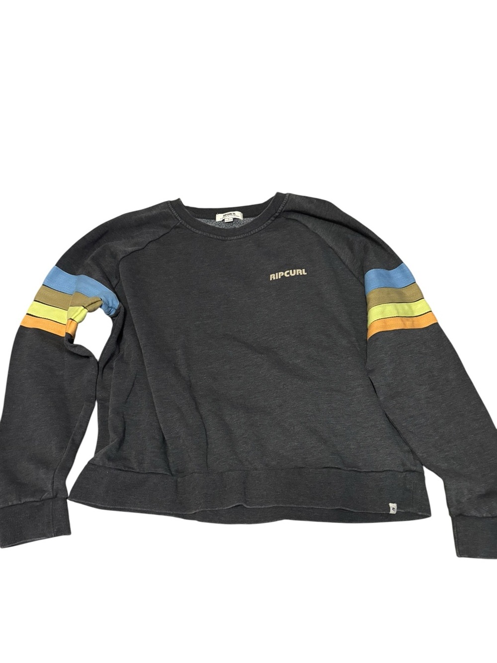 Rip Curl Men's Charcoal Crewneck Sweater with Color Stripe Sleeves